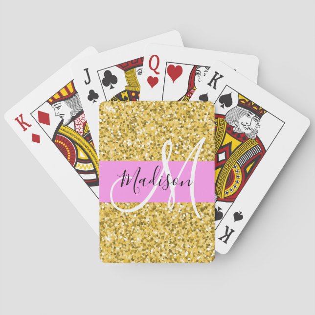 Glam Pink und Gold Glitzer Glitzern Monogram Name Spielkarten (Rückseite)