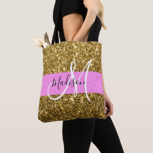 Glam Pink und Gold Glitzer Glitzern Monogram Name Tasche