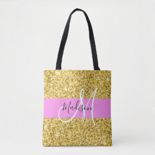 Glam Pink und Gold Glitzer Glitzern Monogram Name Tasche