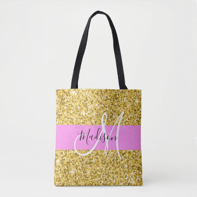 Glam Pink und Gold Glitzer Glitzern Monogram Name Tasche (Vorderseite)