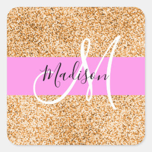 Glam Pink- und Kupfer-Glitter-Sparkles-Monogramm-N Quadratischer Aufkleber