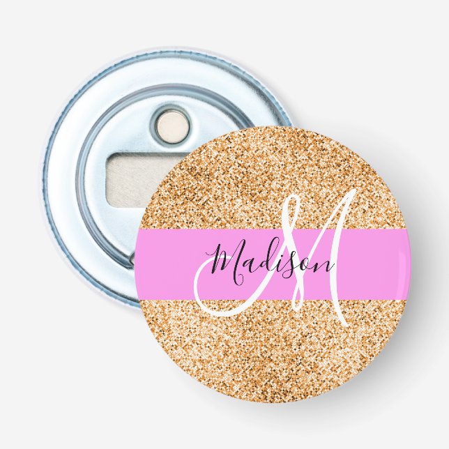 Glam Pink und Kupfer Glitzer Glitzern Monogram Nam Flaschenöffner (Vorderseite)