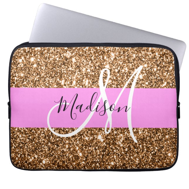 Glam Pink und Kupfer Glitzer Glitzern Monogram Nam Laptopschutzhülle (Vorderseite)