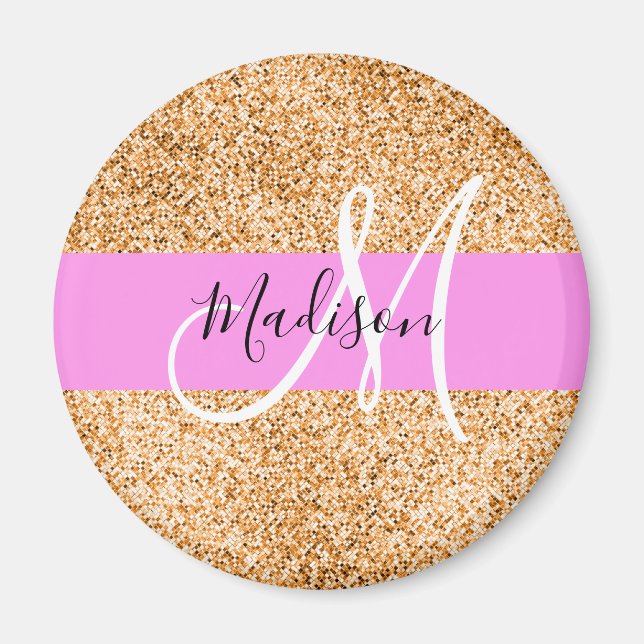 Glam Pink und Kupfer Glitzer Glitzern Monogram Nam Magnet (Vorne)