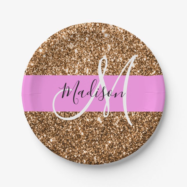Glam Pink und Kupfer Glitzer Glitzern Monogram Nam Pappteller (Vorderseite)