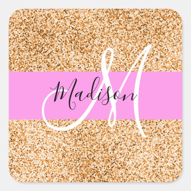 Glam Pink und Kupfer Glitzer Glitzern Monogram Nam Quadratischer Aufkleber (Vorderseite)
