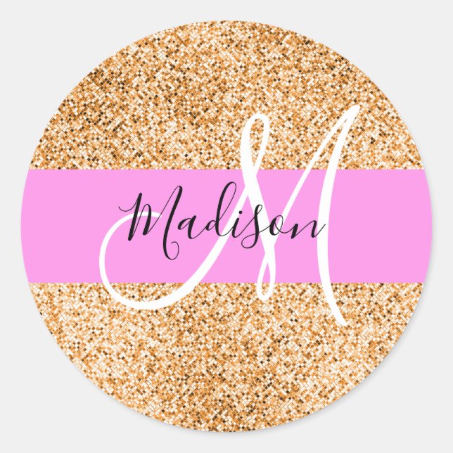 Glam Pink und Kupfer Glitzer Glitzern Monogram Nam Runder Aufkleber (Vorderseite)