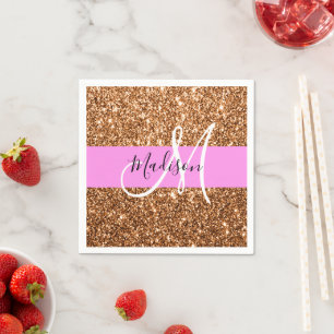 Glam Pink und Kupfer Glitzer Glitzern Monogram Nam Serviette