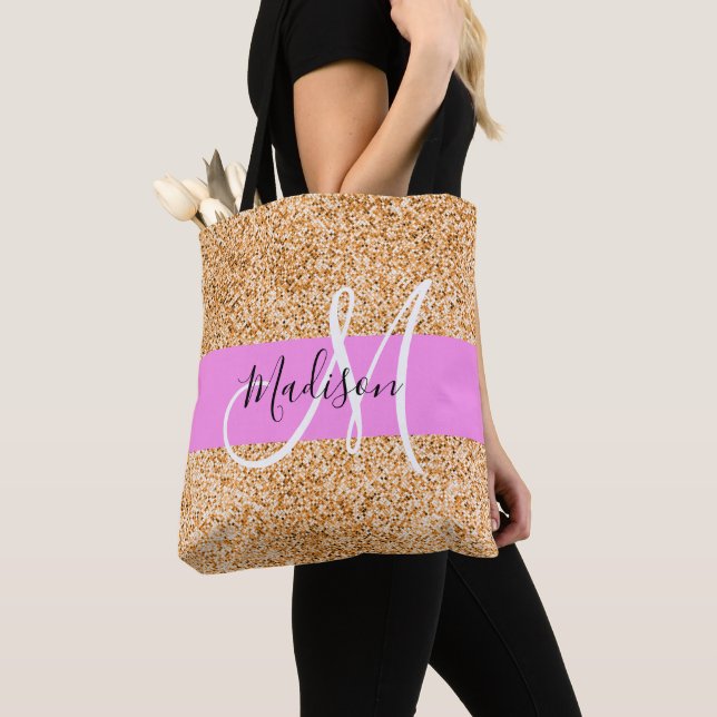 Glam Pink und Kupfer Glitzer Glitzern Monogram Nam Tasche (Von Nahem)