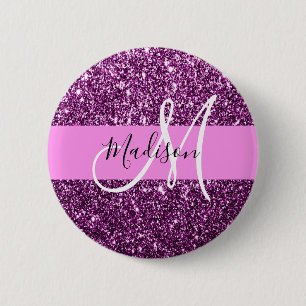 Glam Pink und Lila Glitzer Glitzern Monogramm Name Button