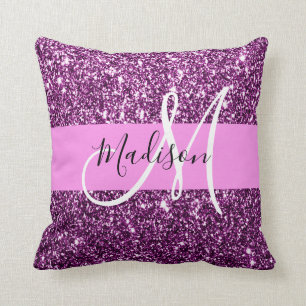 Glam Pink und Lila Glitzer Glitzern Monogramm Name Kissen