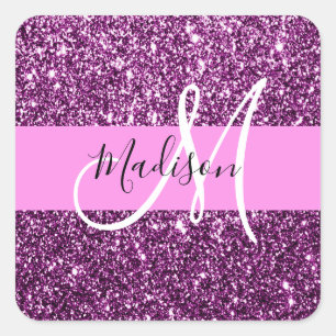 Glam Pink und Lila Glitzer Glitzern Monogramm Name Quadratischer Aufkleber