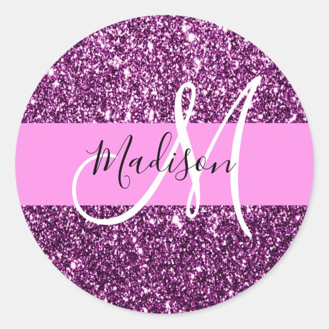 Glam Pink und Lila Glitzer Glitzern Monogramm Name Runder Aufkleber (Vorderseite)
