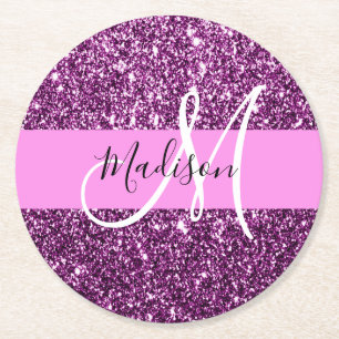 Glam Pink und Lila Glitzer Glitzern Monogramm Name Runder Pappuntersetzer
