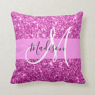 Glam Pink- und Magenta-Glitter-Monogramm-Name Kissen