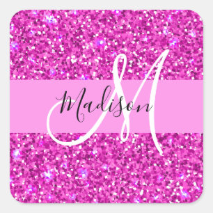 Glam Pink- und Magenta-Glitter-Monogramm-Name Quadratischer Aufkleber