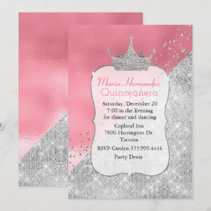 Glam Pink und Silber Krone Quinceañera Einladung