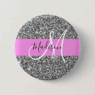 Glam Pink und Silver Glitzer Glitzern Monogram Nam Button