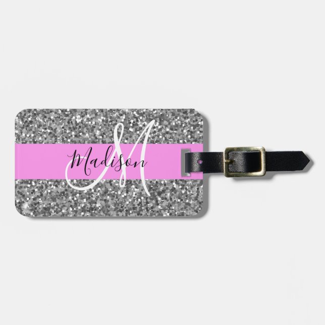Glam Pink und Silver Glitzer Glitzern Monogram Nam Gepäckanhänger (Vorderseite horizontal)