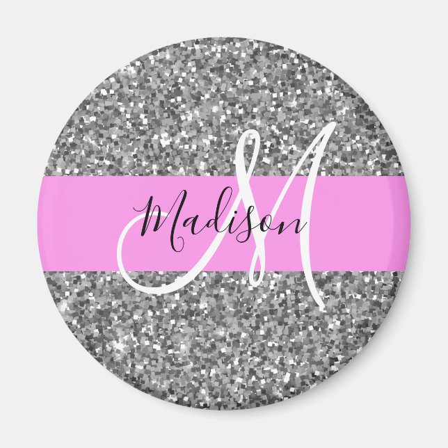 Glam Pink und Silver Glitzer Glitzern Monogram Nam Magnet (Vorne)