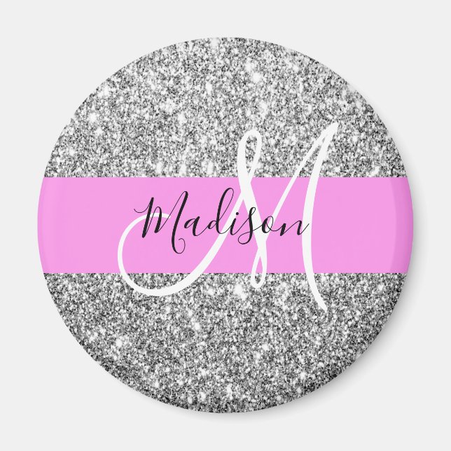 Glam Pink und Silver Glitzer Glitzern Monogram Nam Magnet (Vorne)
