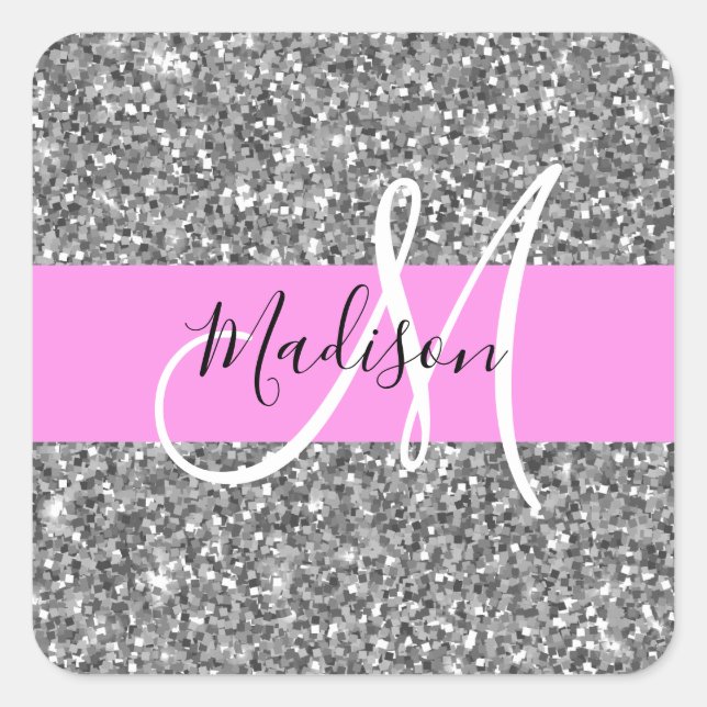 Glam Pink und Silver Glitzer Glitzern Monogram Nam Quadratischer Aufkleber (Vorderseite)