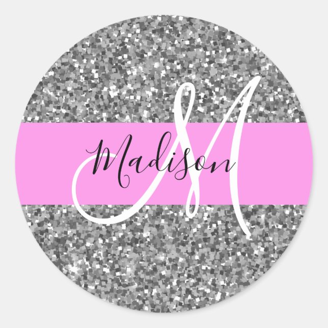 Glam Pink und Silver Glitzer Glitzern Monogram Nam Runder Aufkleber (Vorderseite)