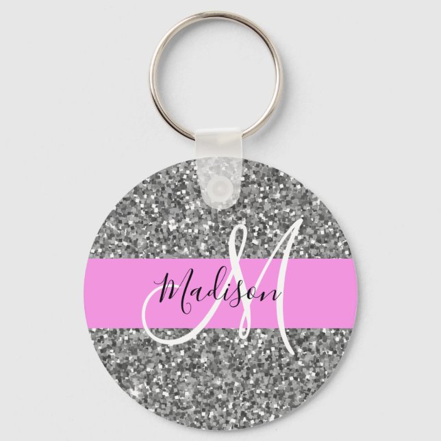 Glam Pink und Silver Glitzer Glitzern Monogram Nam Schlüsselanhänger (Vorderseite)
