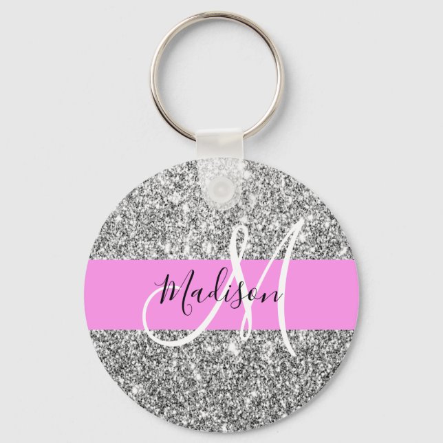 Glam Pink und Silver Glitzer Glitzern Monogram Nam Schlüsselanhänger (Vorderseite)