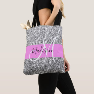 Glam Pink und Silver Glitzer Glitzern Monogram Nam Tasche