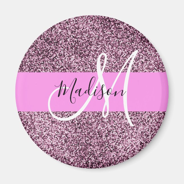 Glam Pink- und Violett-Glitter-Monogramm-Name Magnet (Vorne)