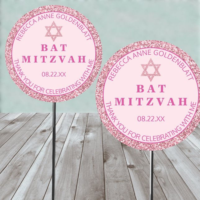 Glam Pink Vielen Dank Chic Bat Mitzvah Party Runder Aufkleber (Easy to personalize pink glam Bat Mitzvah thank you stickers on parade)