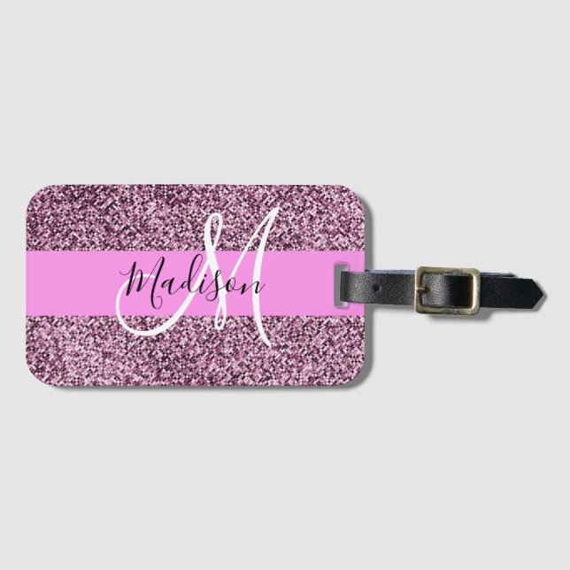 Glam Pink & Violet Glitzer Glitzern Monogram Name Gepäckanhänger (Vorderseite (Horizontal))