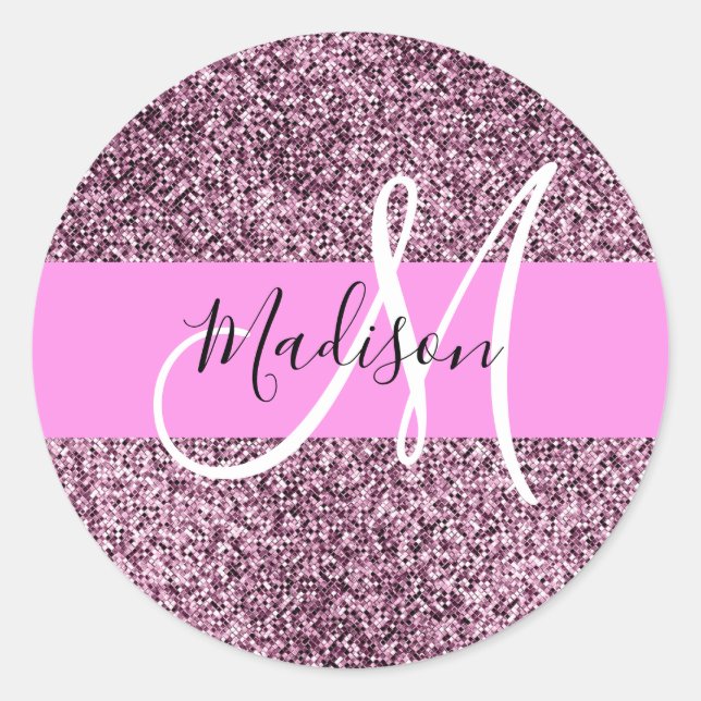 Glam Pink & Violet Glitzer Glitzern Monogram Name Runder Aufkleber (Vorderseite)