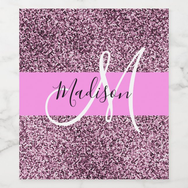 Glam Pink & Violet Glitzer Glitzern Monogram Name Weinetikett (Einzelnes Label)