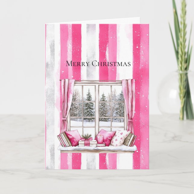 Glam Pink White Christmas Tree Window Stripes Karte (Vorderseite)