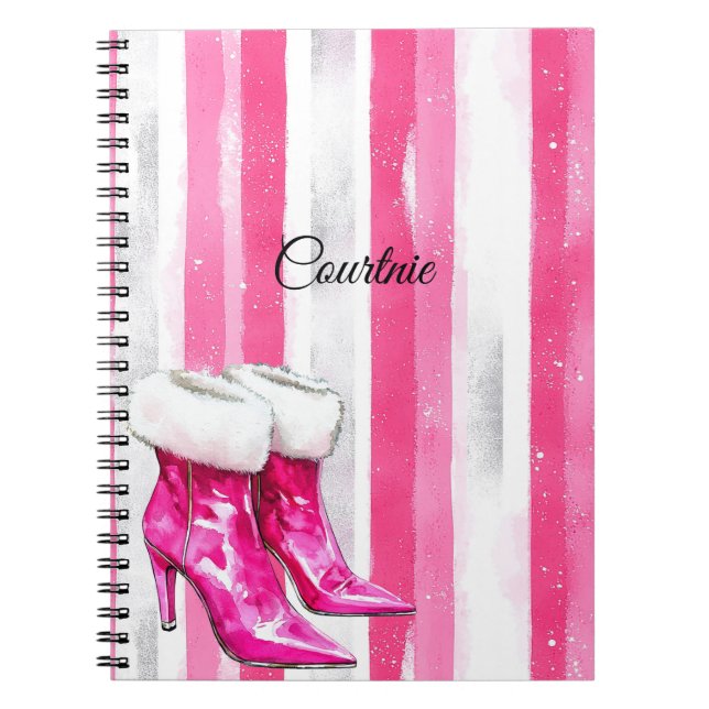 Glam Pink White Fur High Heel Stiefel Notizblock (Vorderseite)