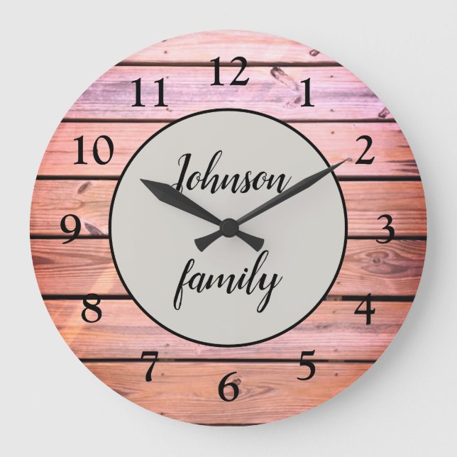 Glam Pink Wood Family Name Große Wanduhr (Vorderseite)