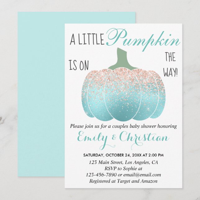 Glam Pumpkin Aqua Peach Orange Glitzer Babydusche Einladung (Vorne/Hinten)