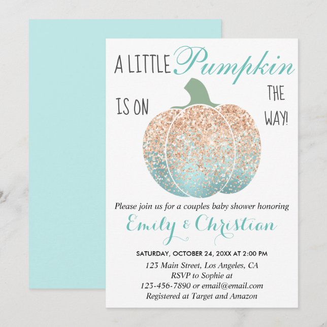 Glam Pumpkin Aqua Peach Orange Glitzer Babydusche Einladung (Vorne/Hinten)