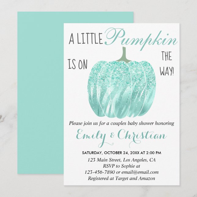 Glam Pumpkin Aqua Turquoise Glitzer Babydusche Einladung (Vorne/Hinten)