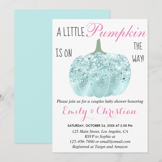 Glam Pumpkin Aqua Turquoise Glitzer Babydusche Einladung (Vorne/Hinten)
