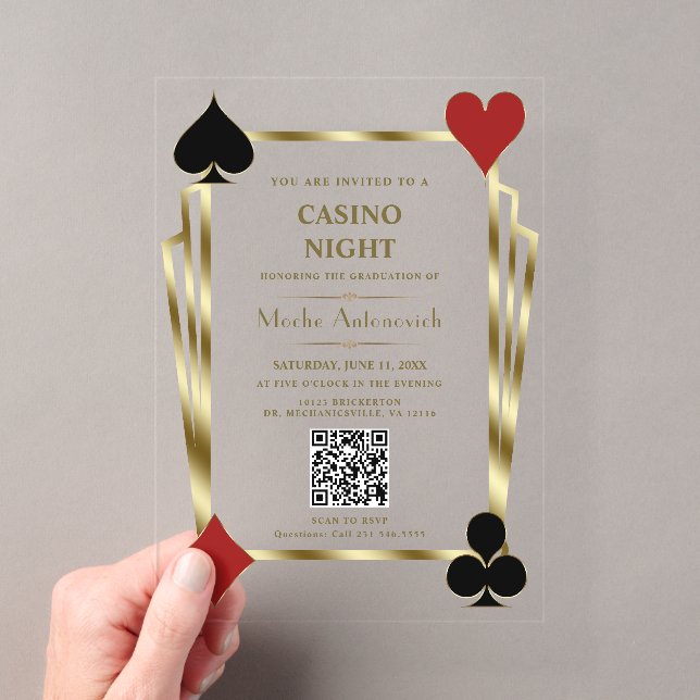 Glam QR Code Vegas Casino Night Man Abschluss Acryleinladungen (Insitu (Handheld))
