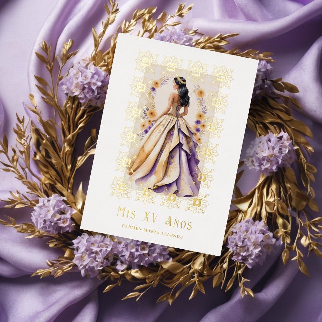 Glam Quinceñera Verzierter Rahmen Folieneinladung (Spanish Glam Quinceañera Gold Ornate Frame Foil Invitation Card.)