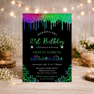 Glam Rainbow Glitzer 21. Geburtstag Einladung