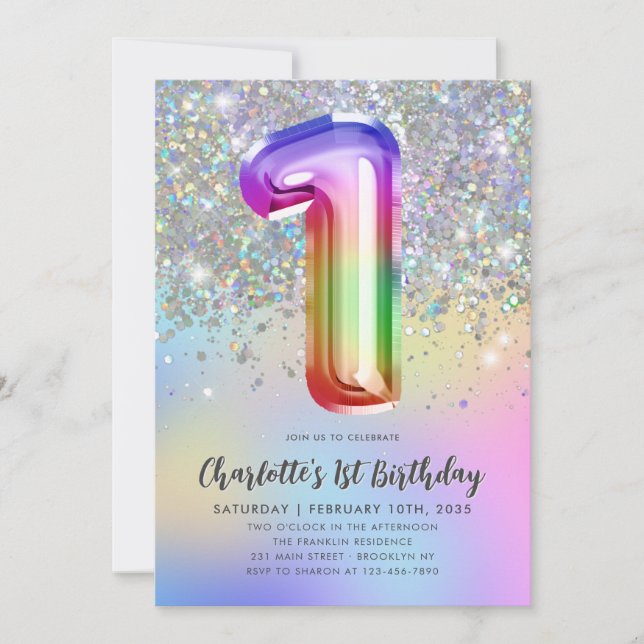 Glam Rainbow Glitzer Foil Pastel Girl 1. Geburtsta Einladung (Vorderseite)