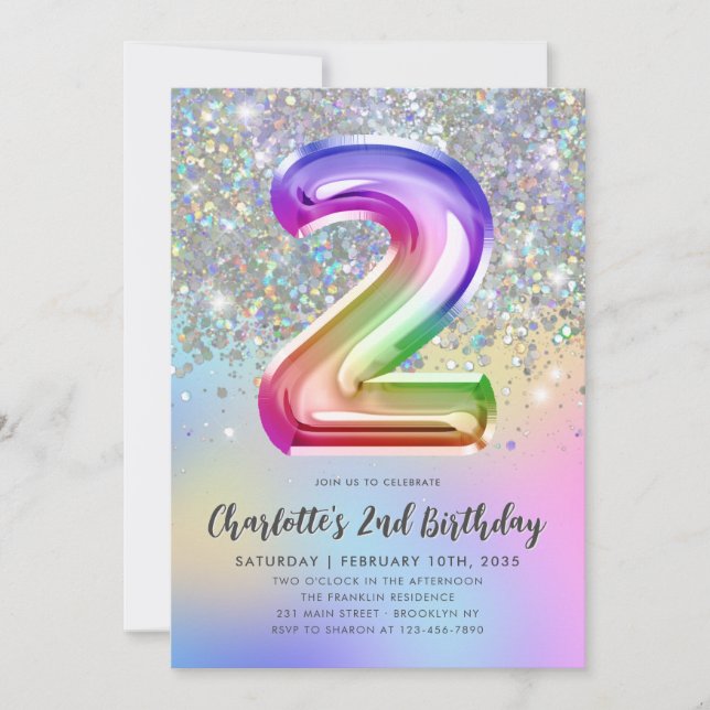 Glam Rainbow Glitzer Foil Pastel Girl 2. Geburtsta Einladung (Vorderseite)