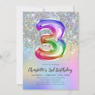 Glam Rainbow Glitzer Foil Pastel Girl 3. Geburtsta Einladung