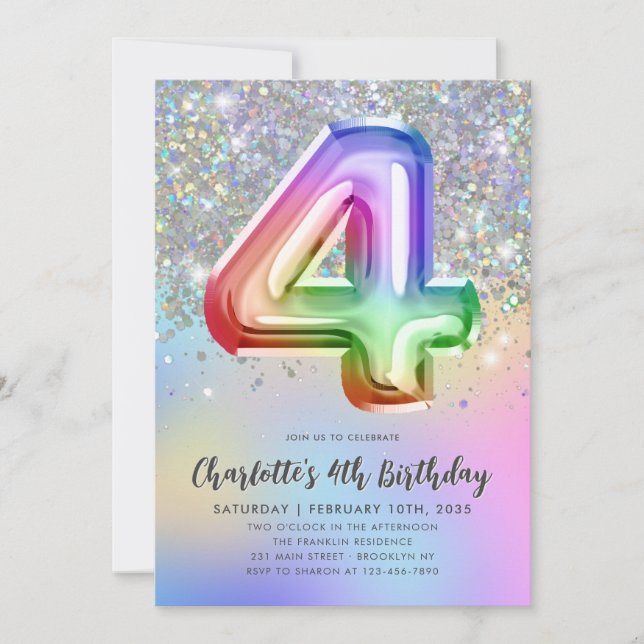 Glam Rainbow Glitzer Foil Pastel Girl 4. Geburtsta Einladung (Vorderseite)
