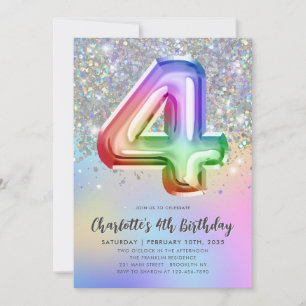 Glam Rainbow Glitzer Foil Pastel Girl 4. Geburtsta Einladung